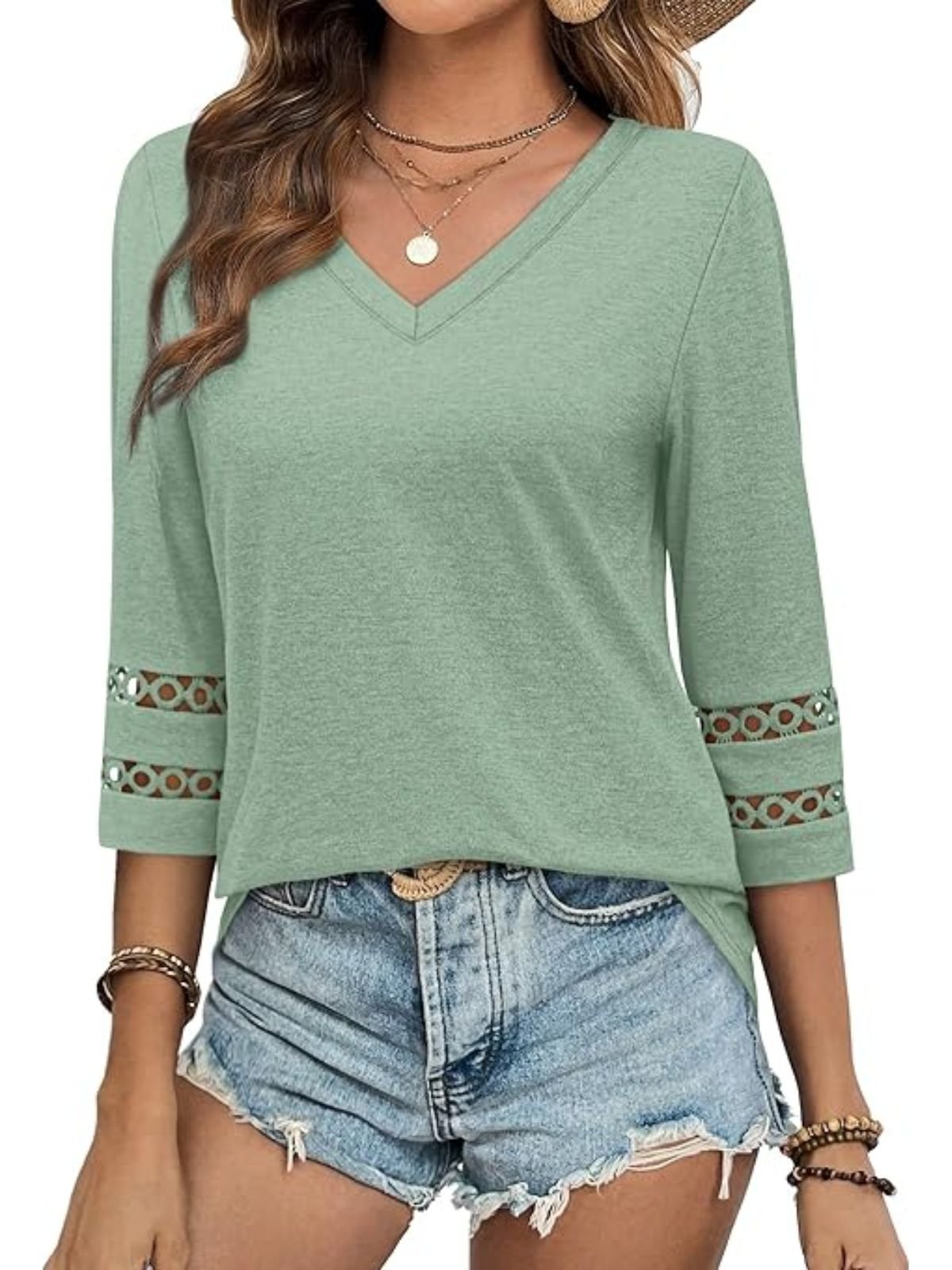 Women Plain V Neck Casual Three Quarter Sleeve T-shirt