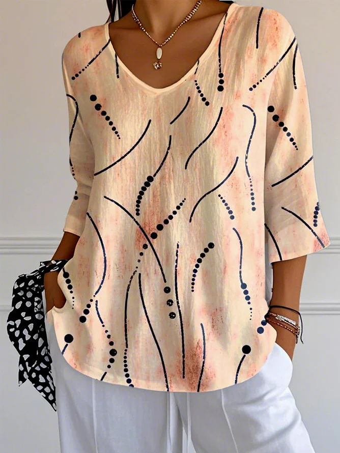 Women Striped V Neck Casual Three Quarter Sleeve T-shirt