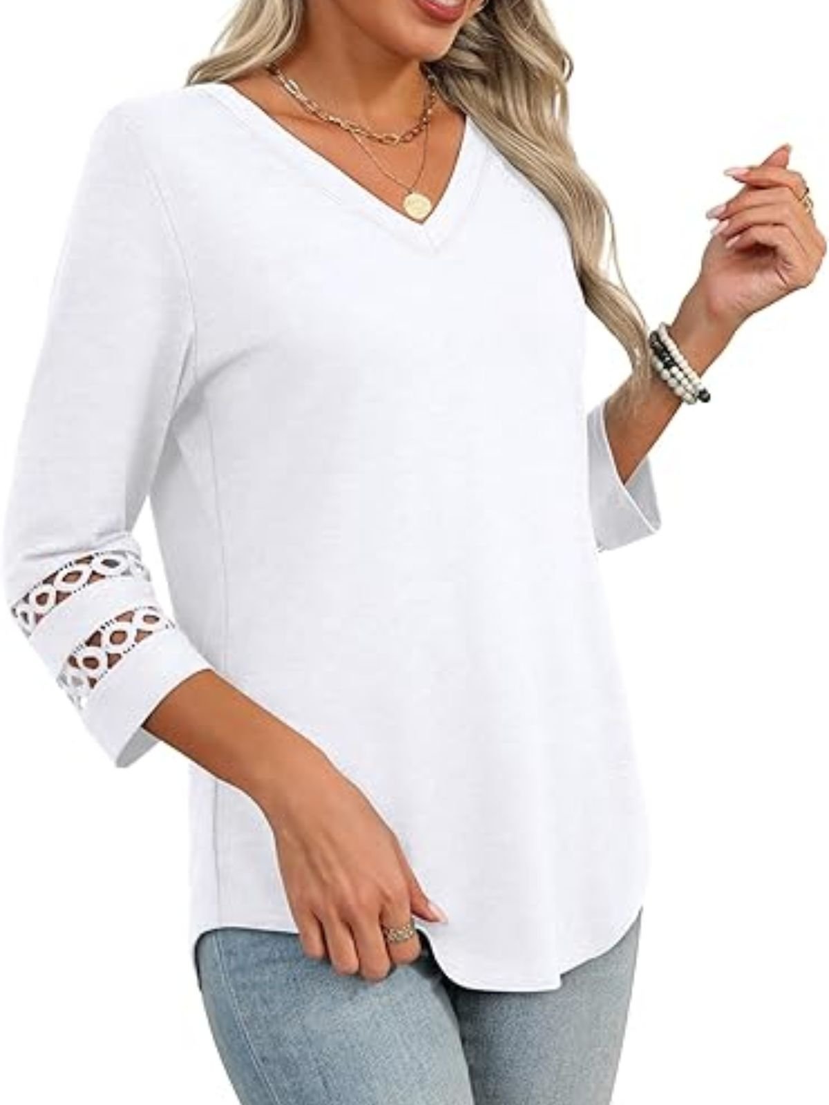 Women Plain V Neck Casual Three Quarter Sleeve T-shirt