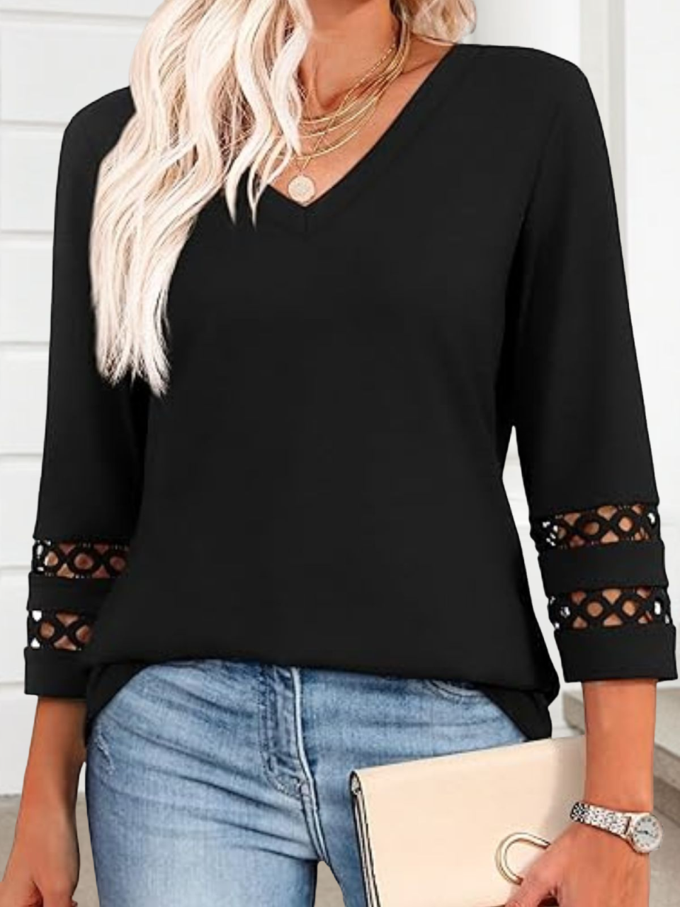 Women Plain V Neck Casual Three Quarter Sleeve T-shirt