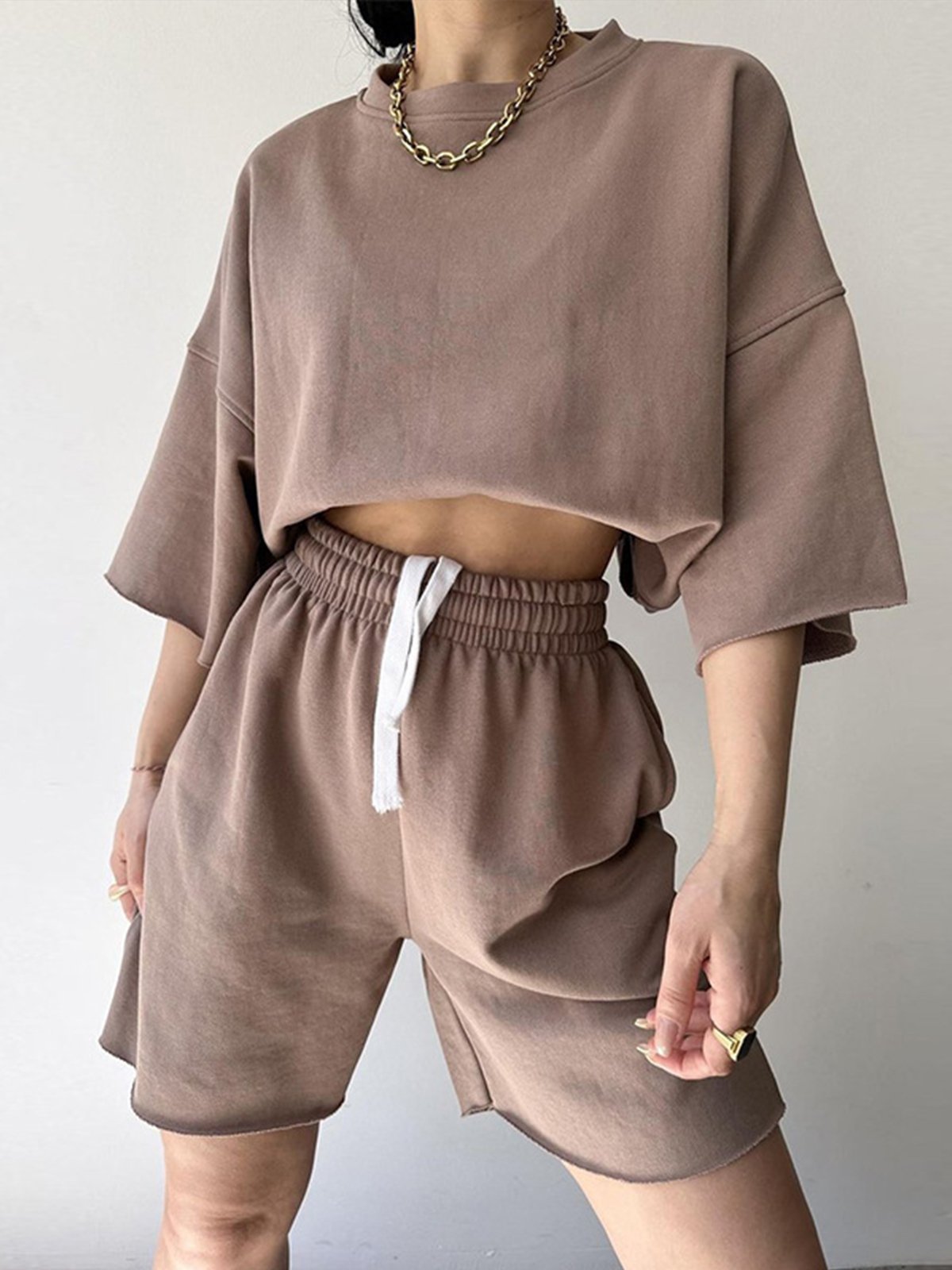 Casual Plain Crew Neck Two-Piece Set