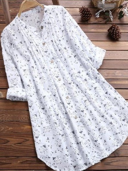 Women's Long Sleeve Shirt Spring/Fall White Floral Printing Stand Collar Daily Going Out Casual Top