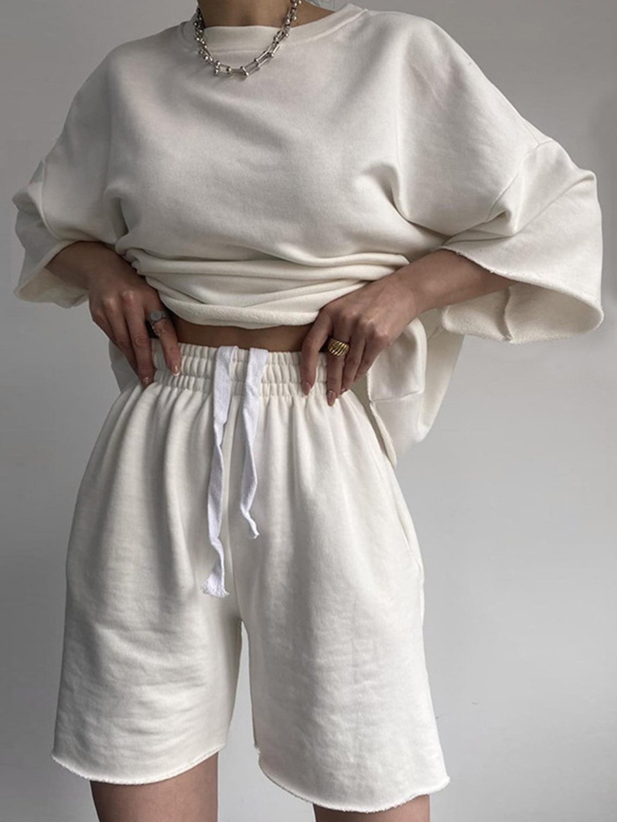 Casual Plain Crew Neck Two-Piece Set