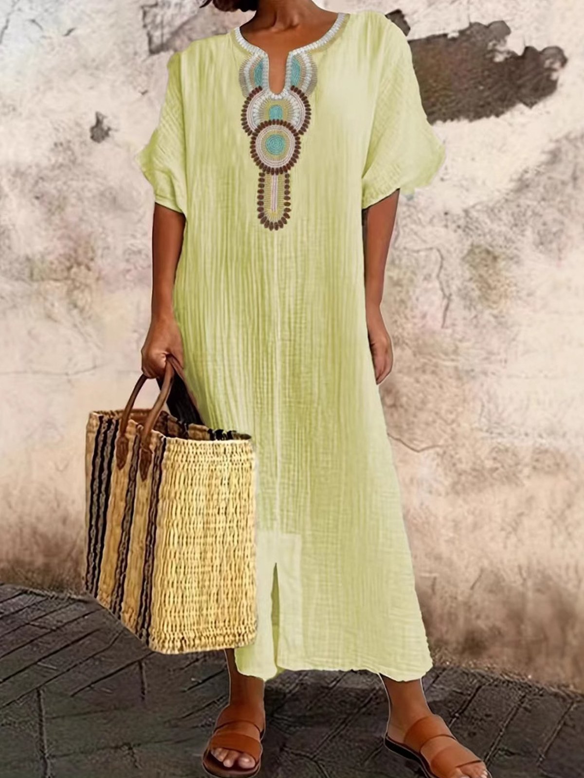 Vacation Raglan Sleeves Embroidery Maxi Dress