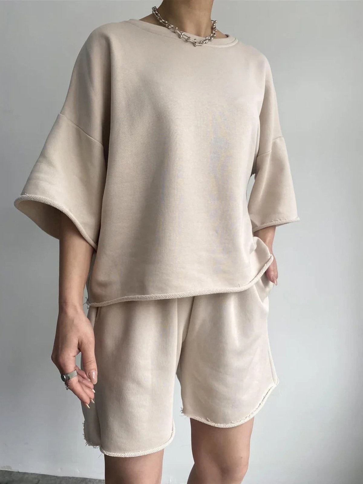 Casual Plain Crew Neck Two-Piece Set