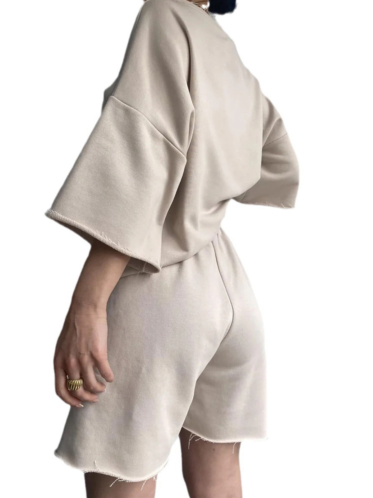 Casual Plain Crew Neck Two-Piece Set