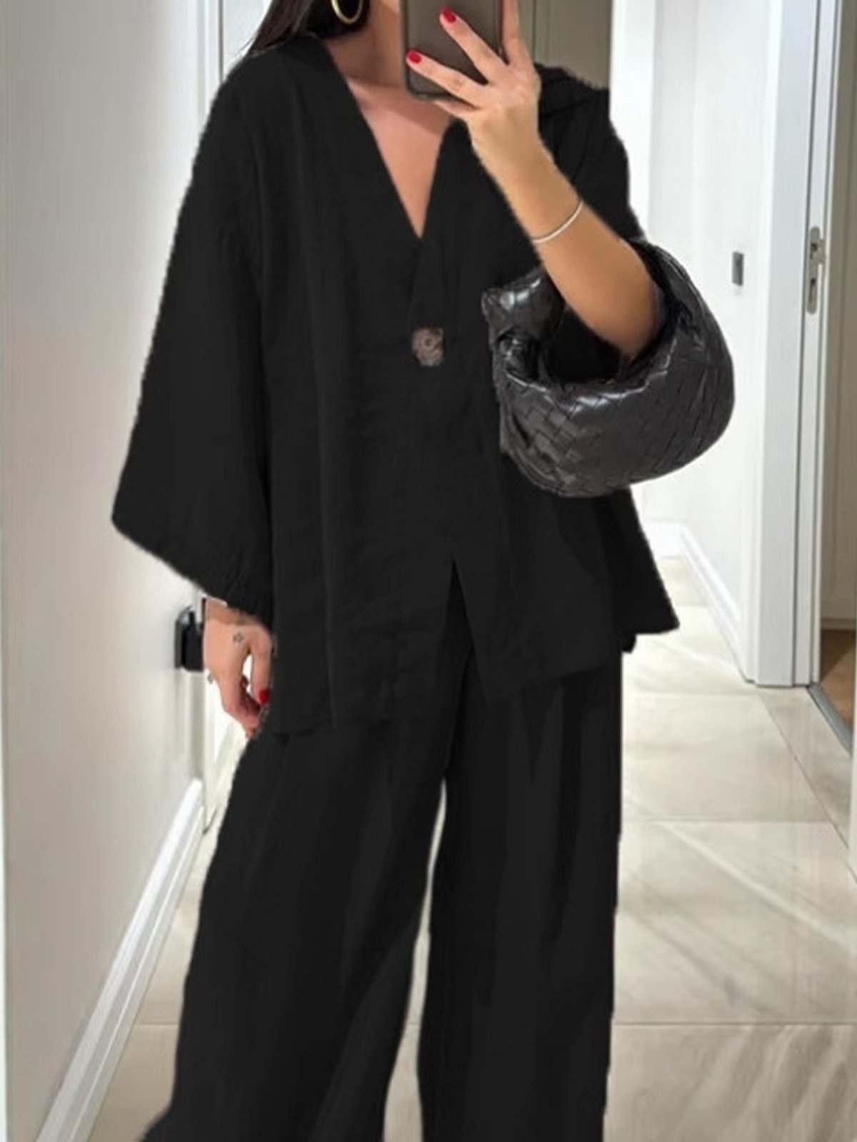 Casual Plain V Neck Two-Piece Set