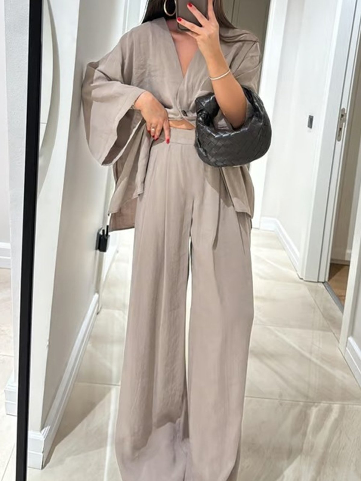 Casual Plain V Neck Two-Piece Set
