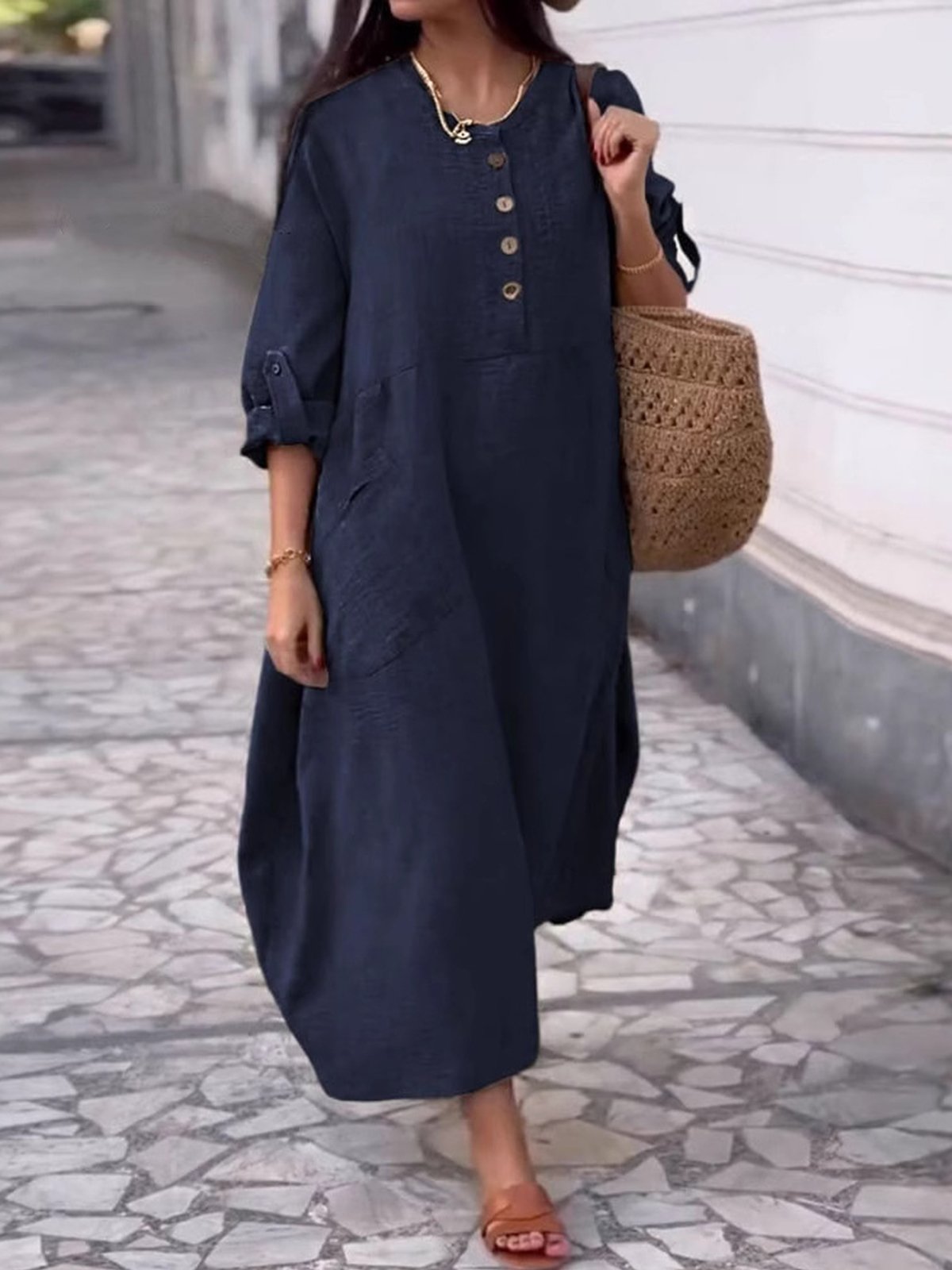 Casual Plain Crew Neck Maxi Dress