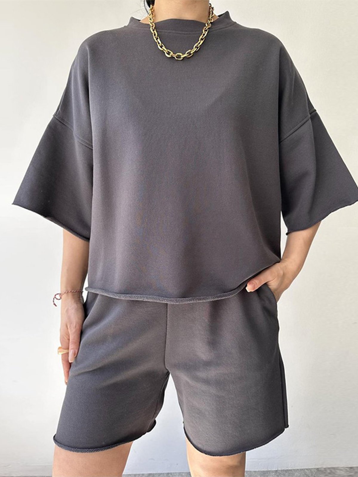 Casual Plain Crew Neck Two-Piece Set