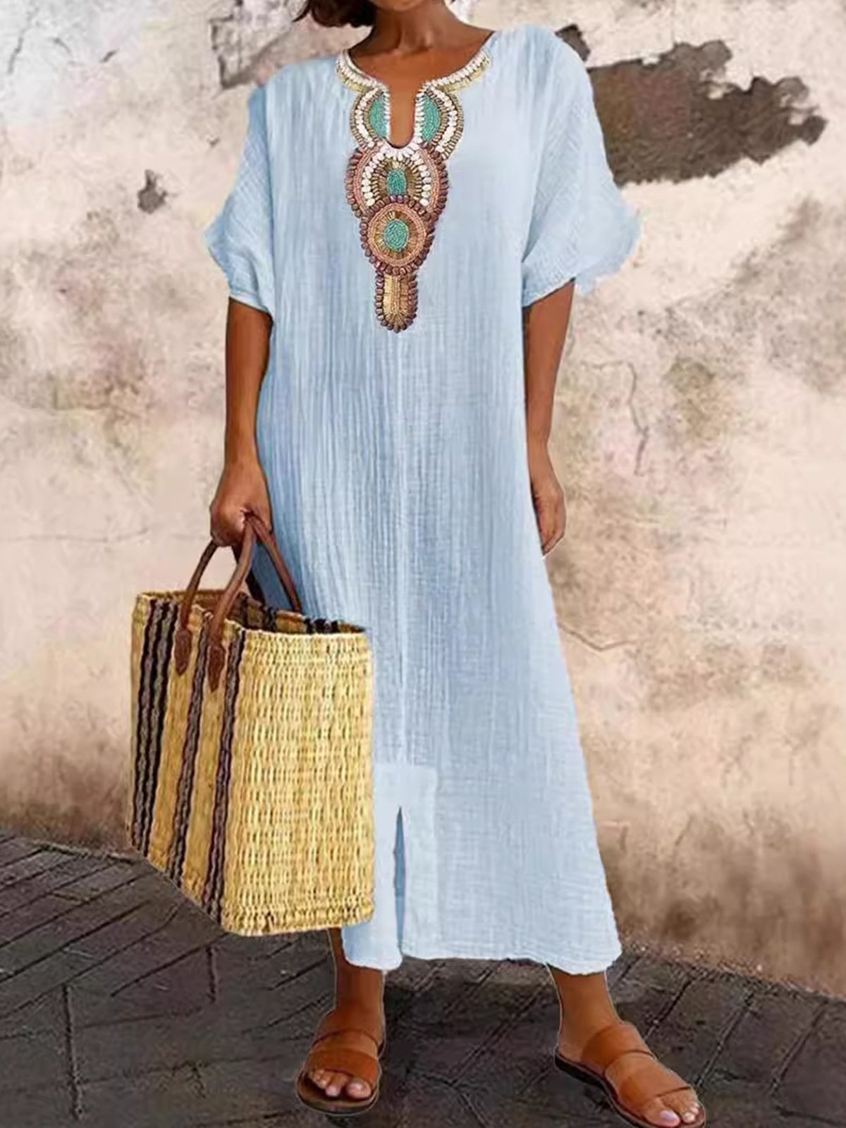 Vacation Raglan Sleeves Embroidery Maxi Dress