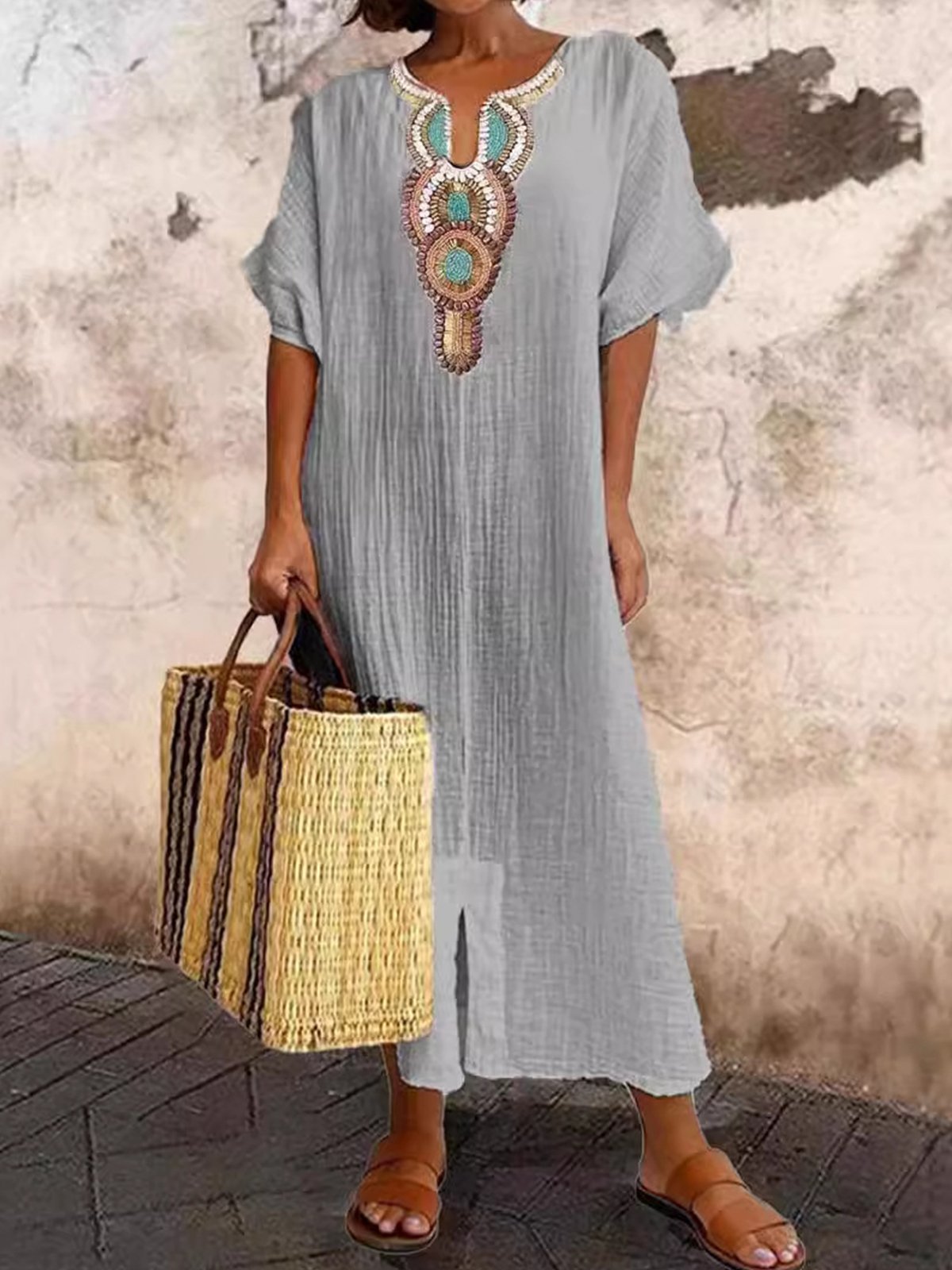 Vacation Raglan Sleeves Embroidery Maxi Dress