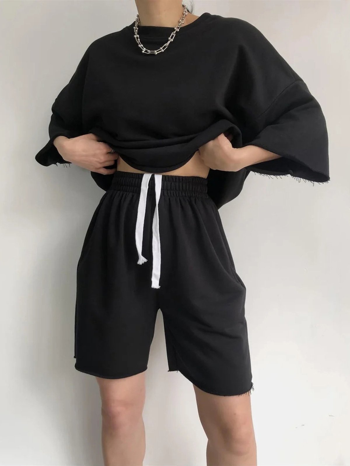 Casual Plain Crew Neck Two-Piece Set
