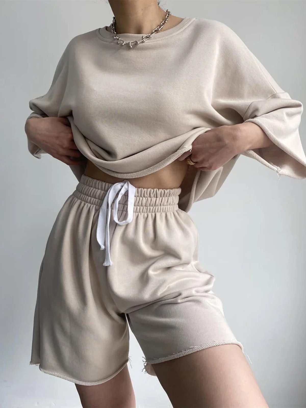 Casual Plain Crew Neck Two-Piece Set