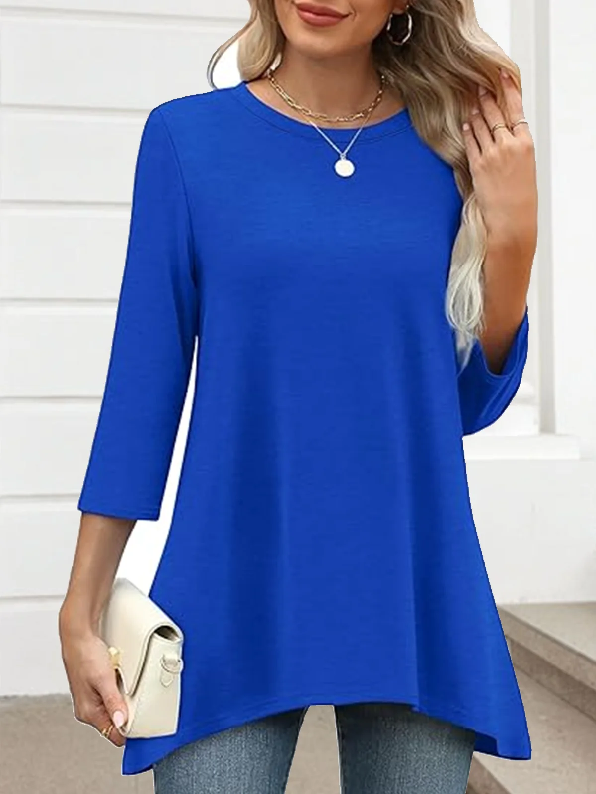 Women Plain Crew Neck Casual Three Quarter Sleeve T-shirt