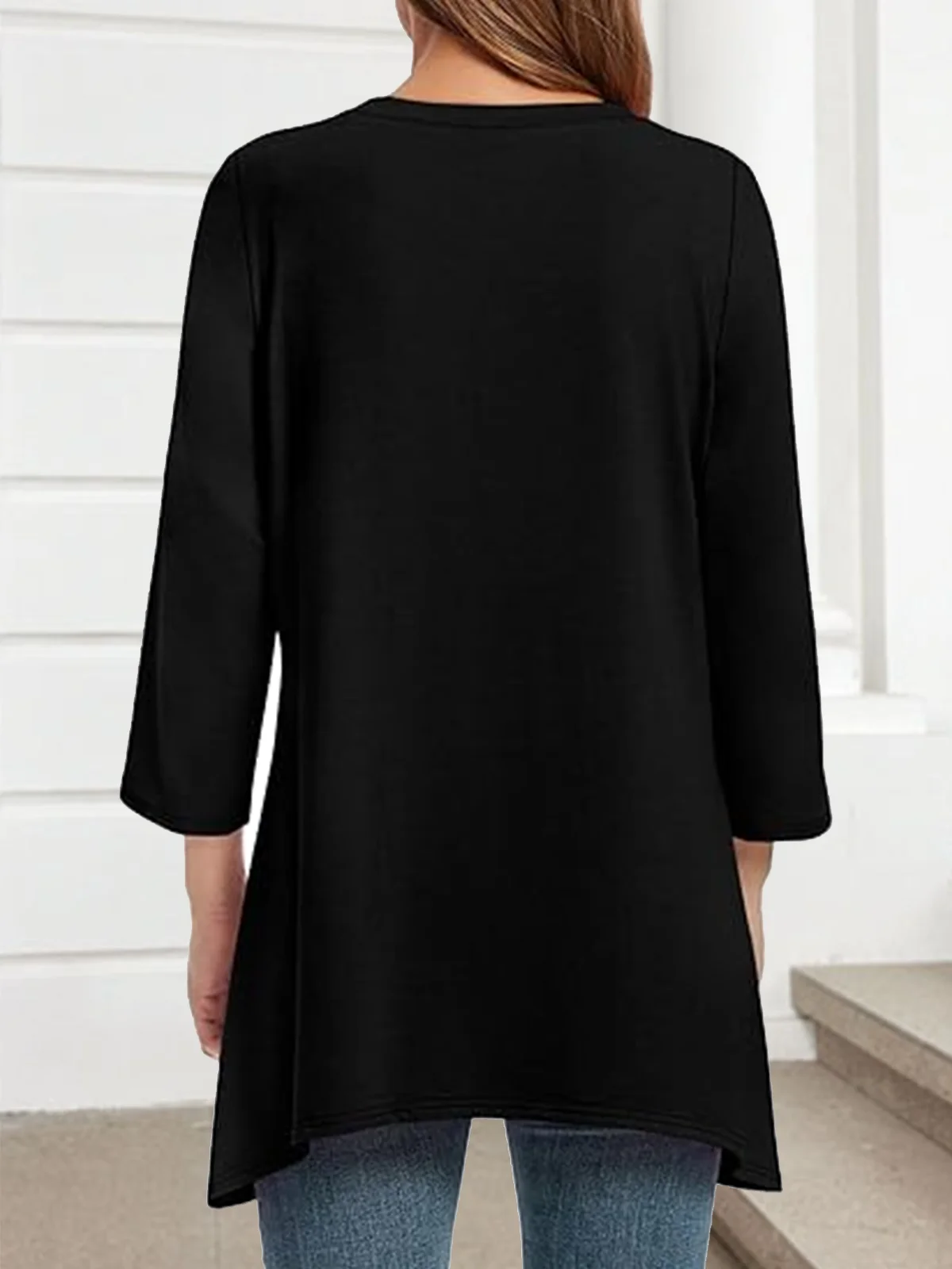 Women Plain Crew Neck Casual Three Quarter Sleeve T-shirt