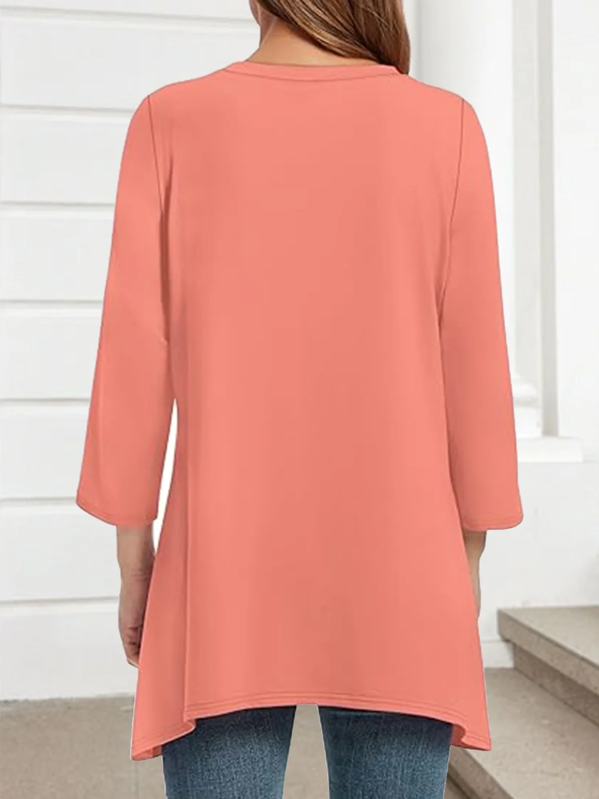 Women Plain Crew Neck Casual Three Quarter Sleeve T-shirt