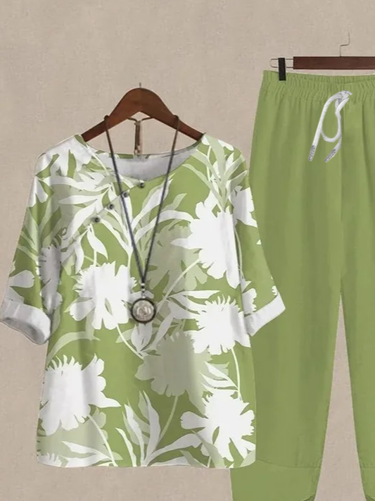 Women's Printing Floral Daily Going Out Two-Piece Set Green Casual Summer Top With Pants Matching Set
