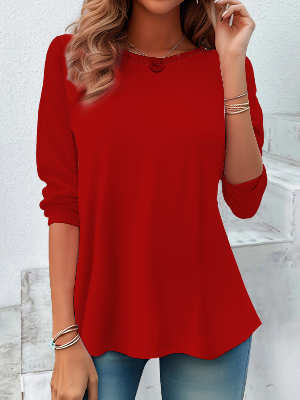 Women Plain Crew Neck Casual Long Sleeve T-shirt