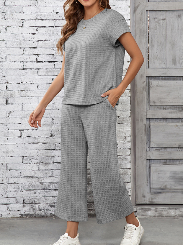 Women's Split Joint Plain Daily Going Out Two-Piece Set Gray Casual Summer Top With Pants Matching Set