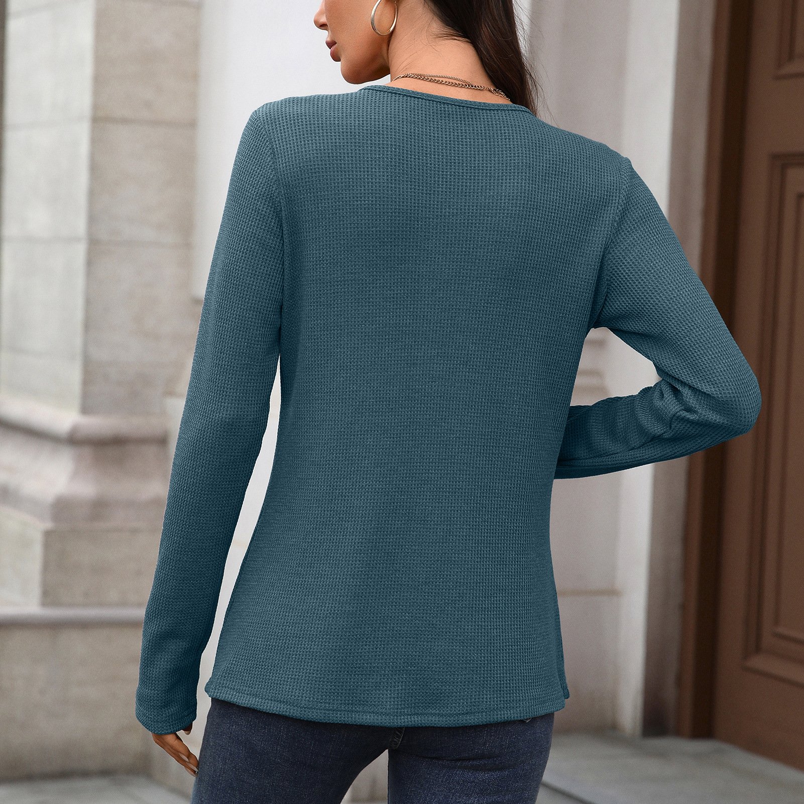 Women Plain V Neck Casual Long Sleeve T-shirt