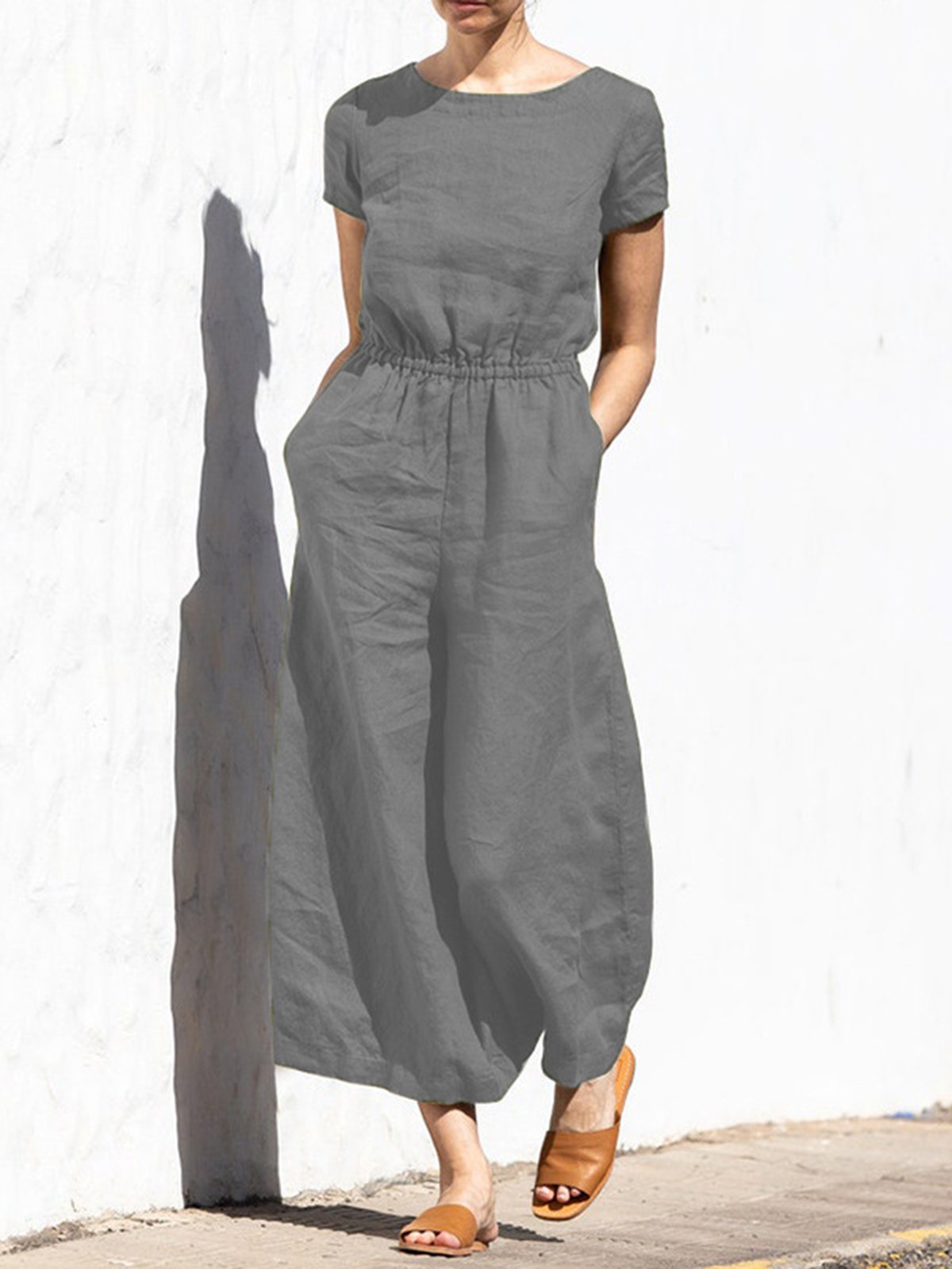 Casual Regular Sleeve Plain Crew Neck Jumpsuit