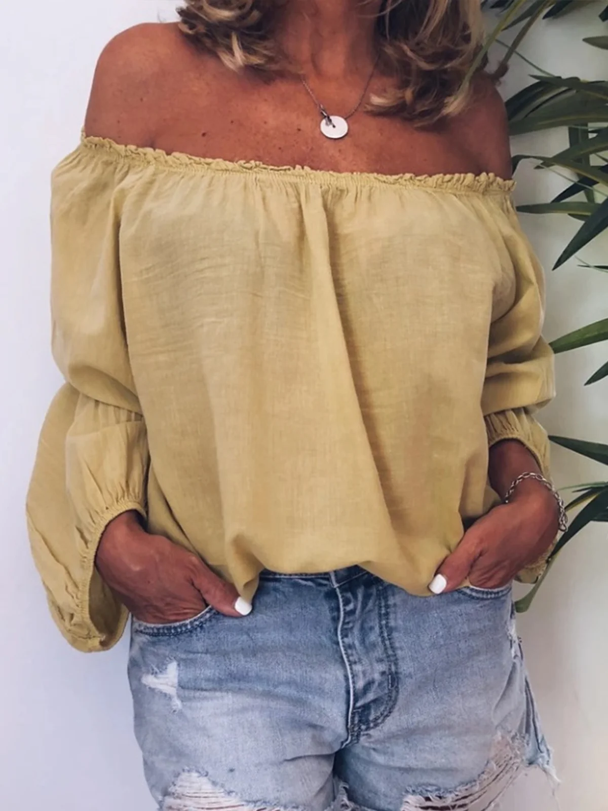 Casual Plain Cold Shoulder Balloon Sleeve Blouse