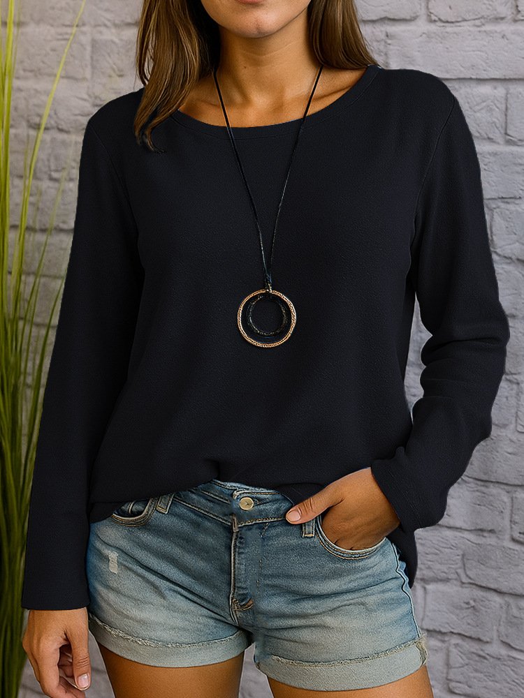 Women Plain Crew Neck Casual Long Sleeve T-shirt