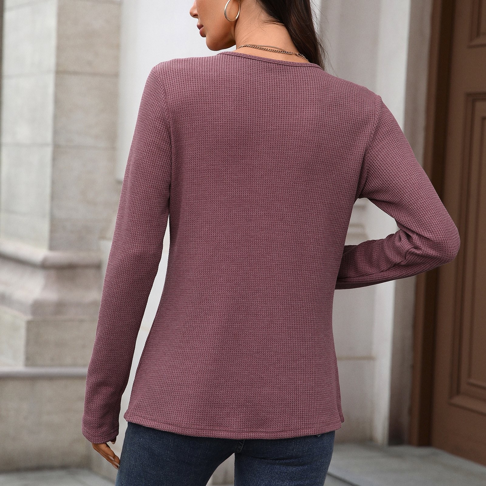 Women Plain V Neck Casual Long Sleeve T-shirt