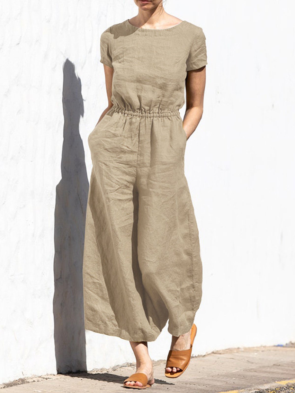 Casual Regular Sleeve Plain Crew Neck Jumpsuit