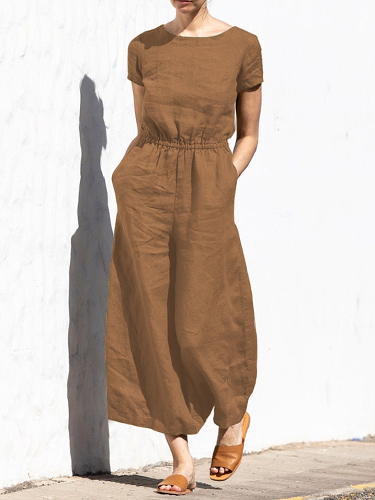 Casual Regular Sleeve Plain Crew Neck Jumpsuit