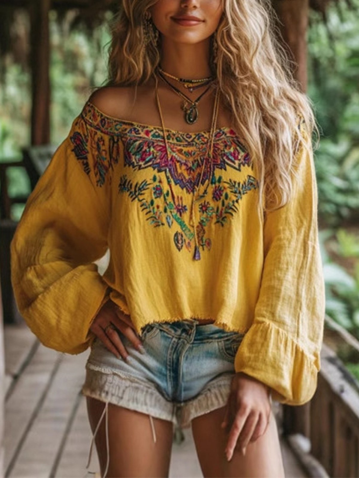 Vacation Floral Printing Cold Shoulder Balloon Sleeve Blouse