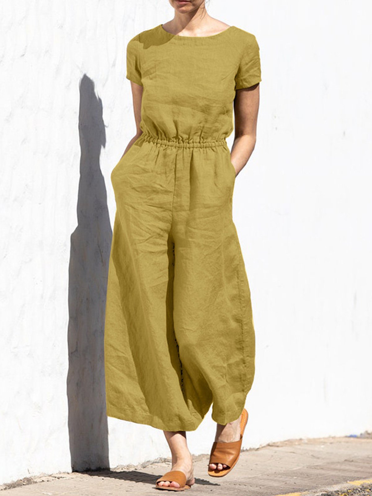 Casual Regular Sleeve Plain Crew Neck Jumpsuit
