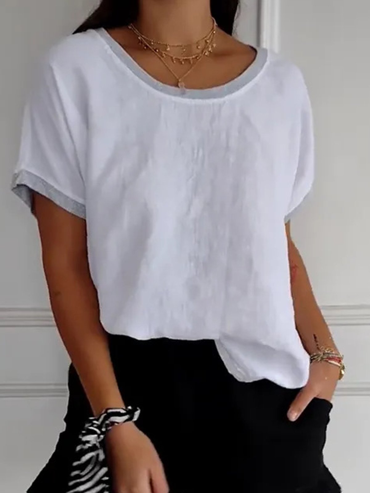 Casual Plain Crew Neck Raglan Sleeves Blouse