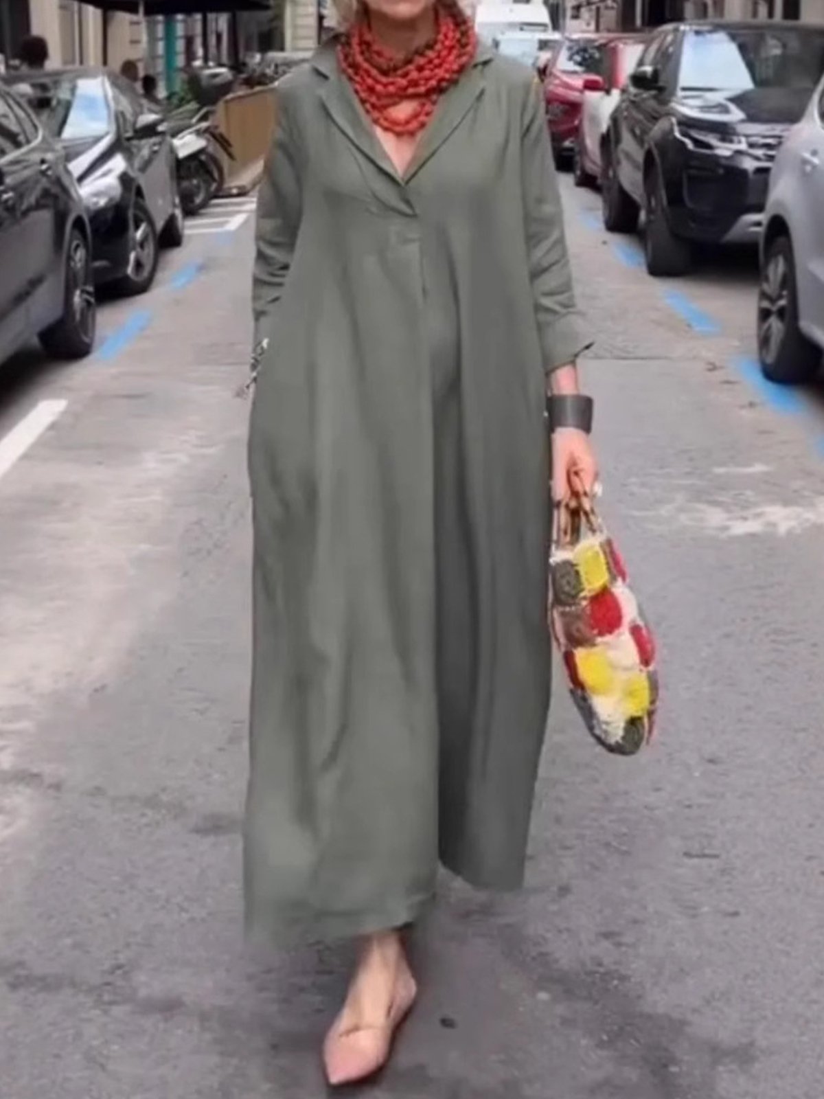 Casual Plain Lapel Collar Maxi Dress