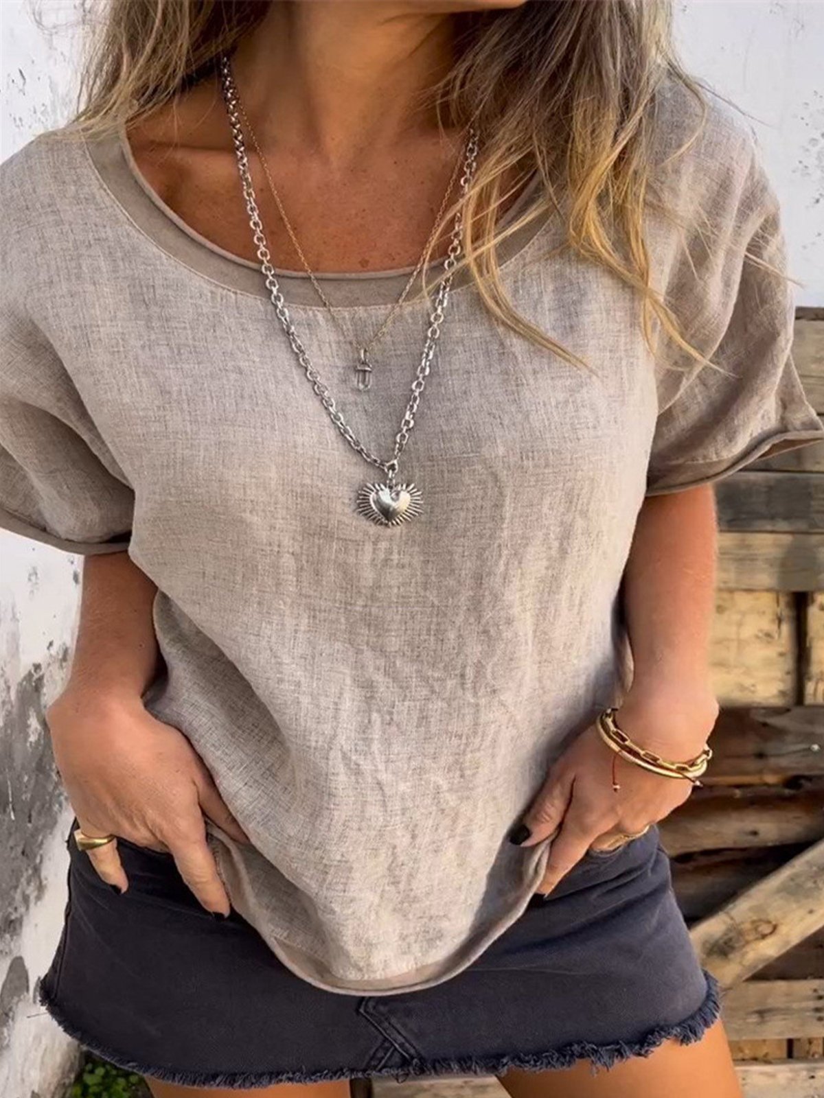 Casual Plain Crew Neck Raglan Sleeves Blouse