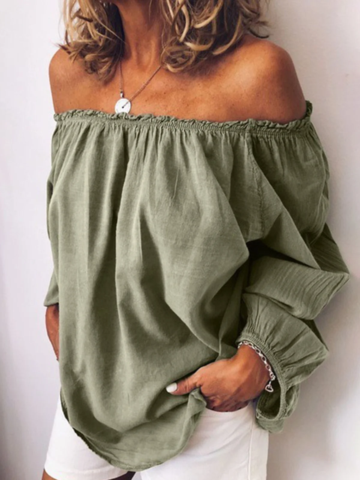 Casual Plain Cold Shoulder Balloon Sleeve Blouse