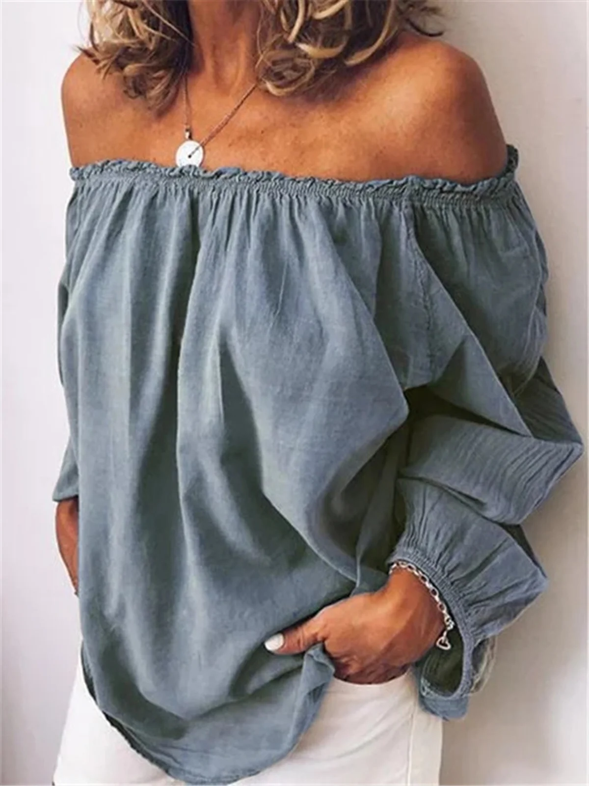 Casual Plain Cold Shoulder Balloon Sleeve Blouse