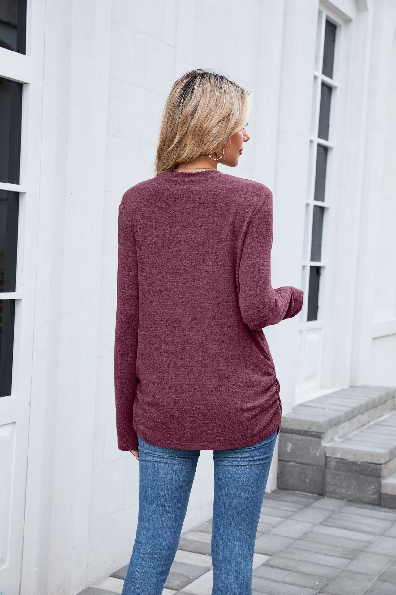 Women Plain Crew Neck Casual Long Sleeve T-shirt