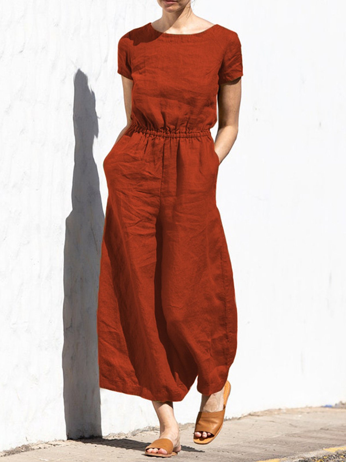 Casual Regular Sleeve Plain Crew Neck Jumpsuit
