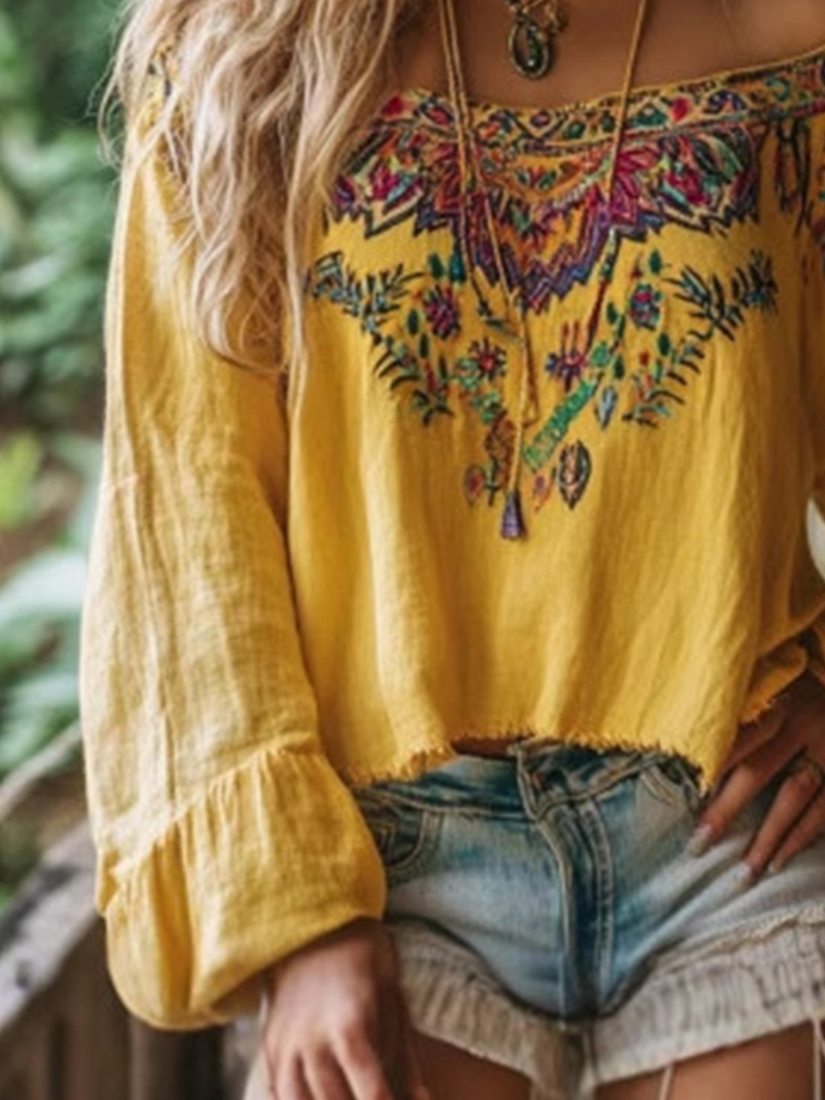 Vacation Floral Printing Cold Shoulder Balloon Sleeve Blouse