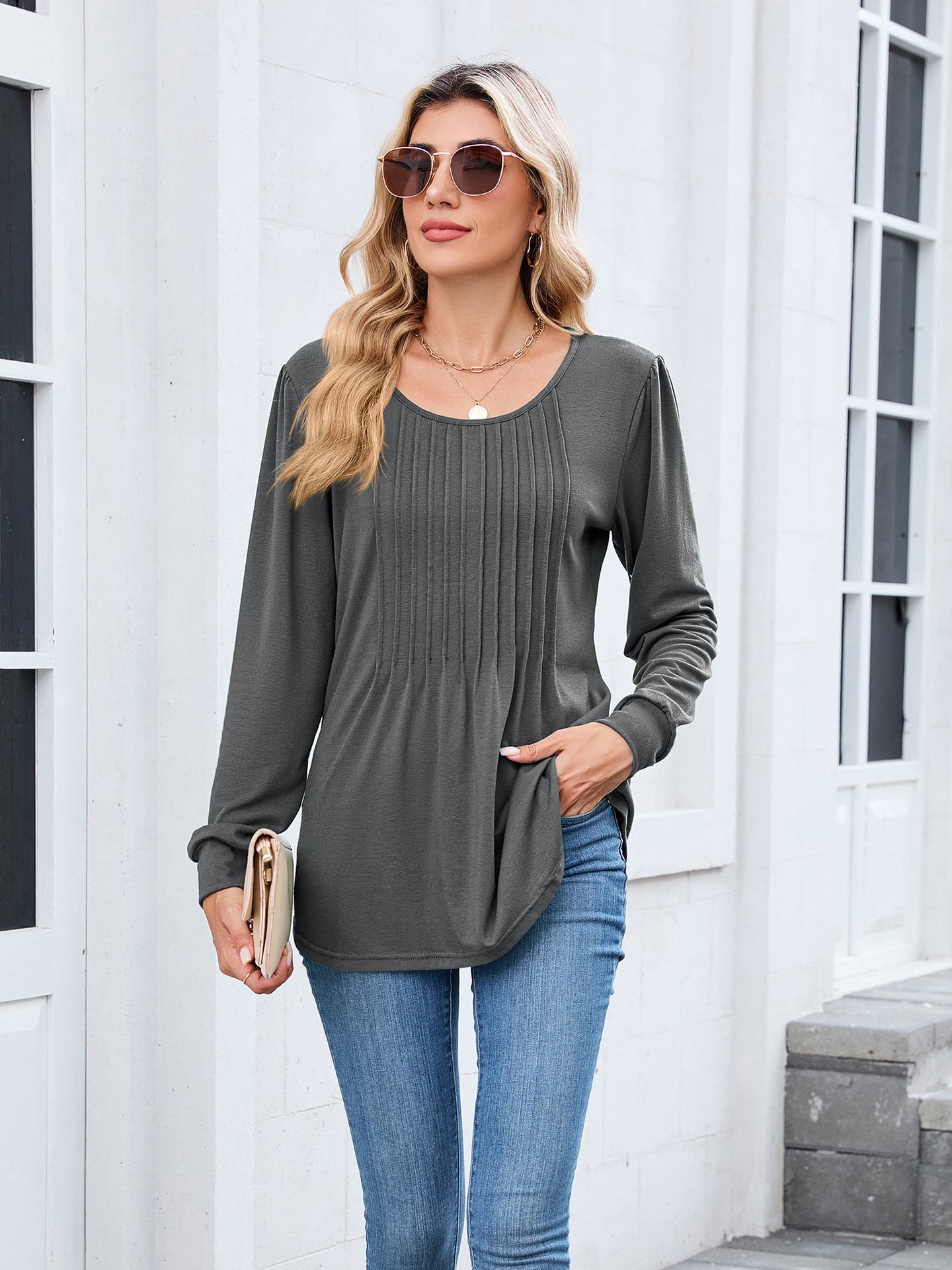 Women Plain Crew Neck Casual Long Sleeve T-shirt