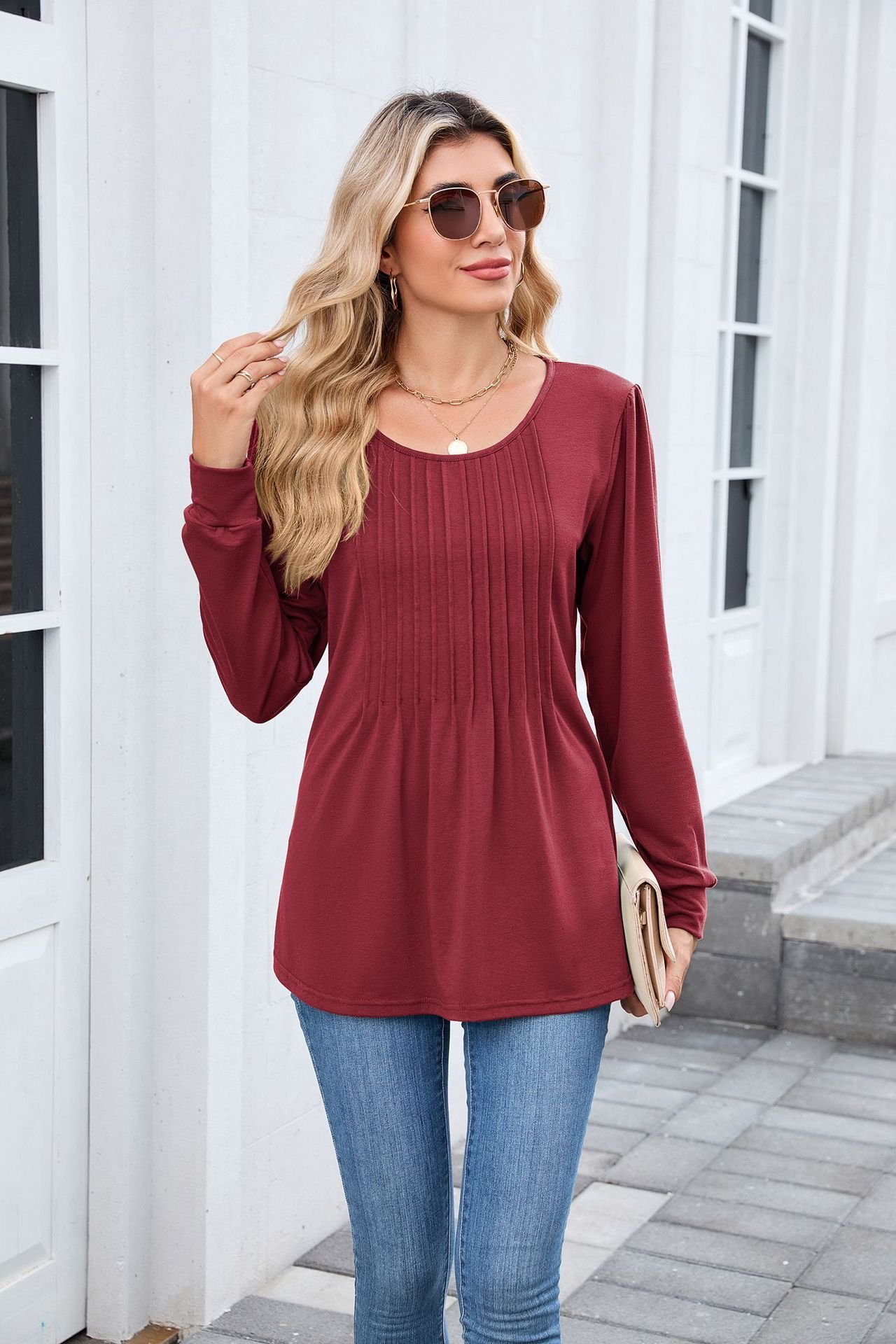 Women Plain Crew Neck Casual Long Sleeve T-shirt