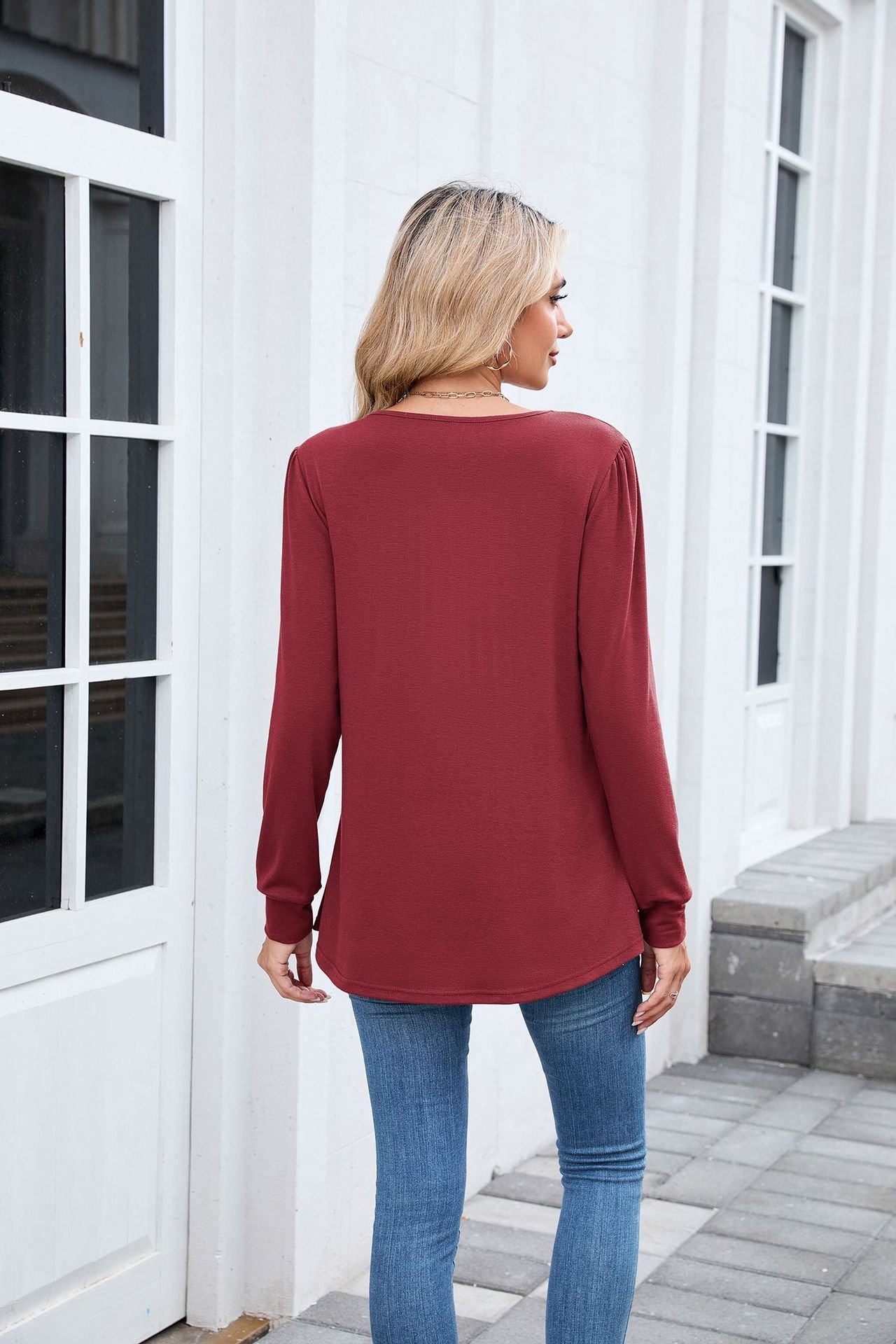 Women Plain Crew Neck Casual Long Sleeve T-shirt
