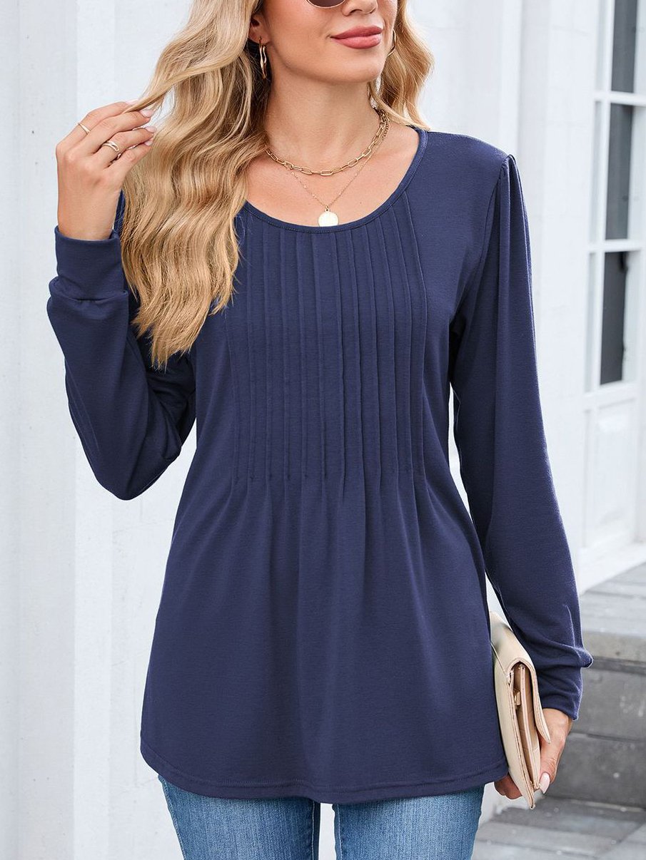 Women Plain Crew Neck Casual Long Sleeve T-shirt