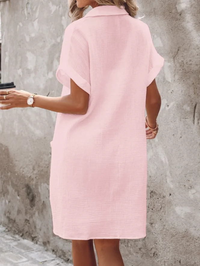 Solid Color Single-Breasted Mid-Length Short-Sleeved Loose Casual Commuter Dress