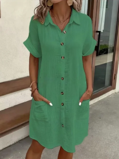 Solid Color Single-Breasted Mid-Length Short-Sleeved Loose Casual Commuter Dress