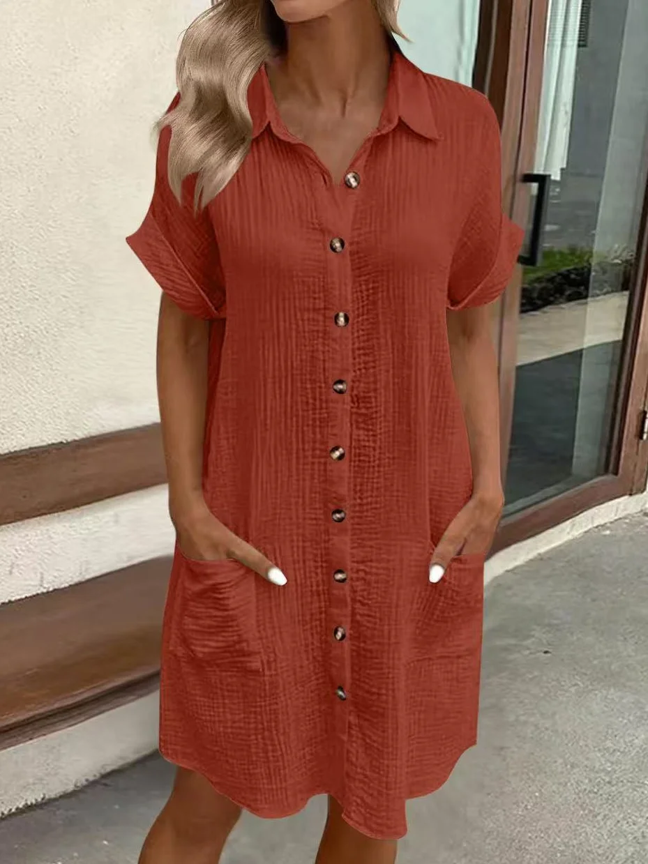 Solid Color Single-Breasted Mid-Length Short-Sleeved Loose Casual Commuter Dress