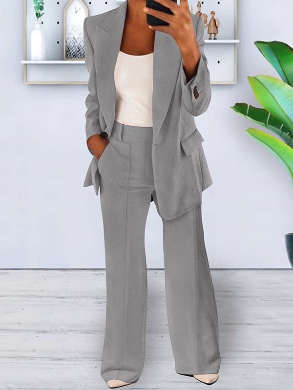 Women's Buckle Plain Daily Going Out Two-Piece Set Blue Casual Spring/Fall Coat With Pants Matching Set