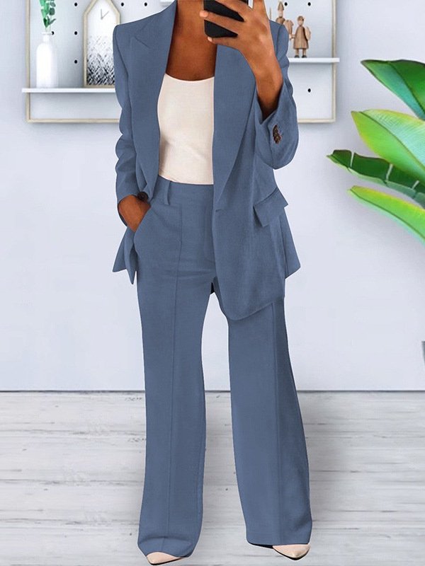 Women's Buckle Plain Daily Going Out Two-Piece Set Blue Casual Spring/Fall Coat With Pants Matching Set